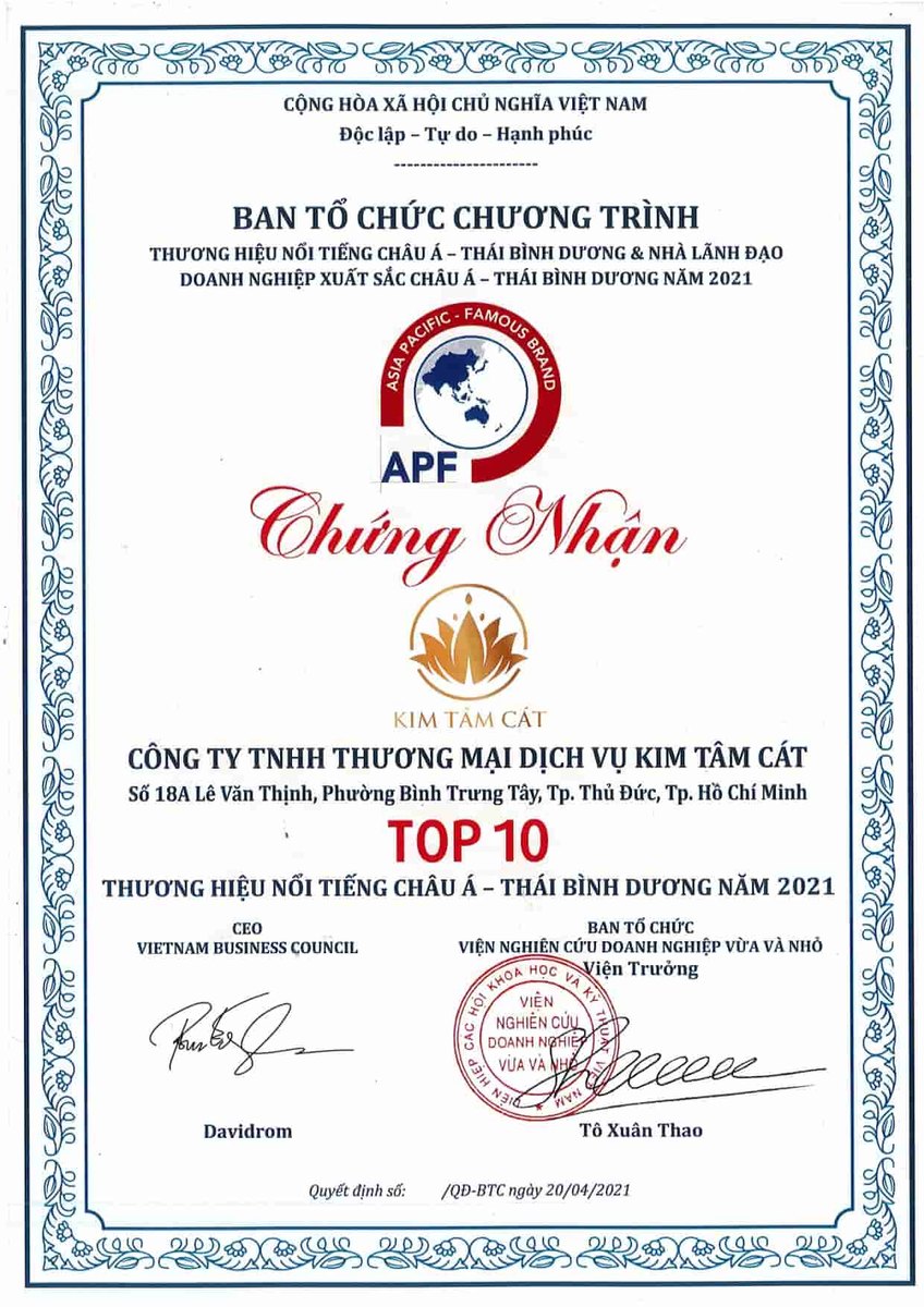 Chứng nhận Top 10 Thương hiệu nổi tiếng châu Á – Thái Bình Dương 2021