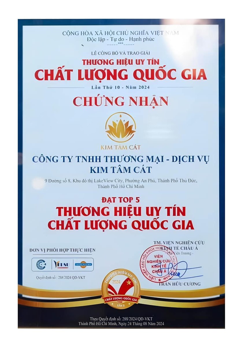 Chứng nhận Top 5 Thương hiệu uy tín – Chất lượng quốc gia 2024